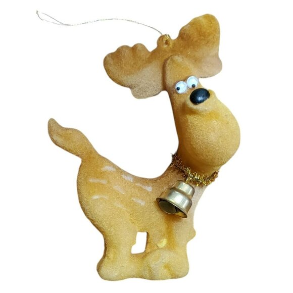 2 Vintage Flocked Moose Christmas Ornaments Reindeer Google Eyes Gold Bell 4.5" - Picture 4 of 16